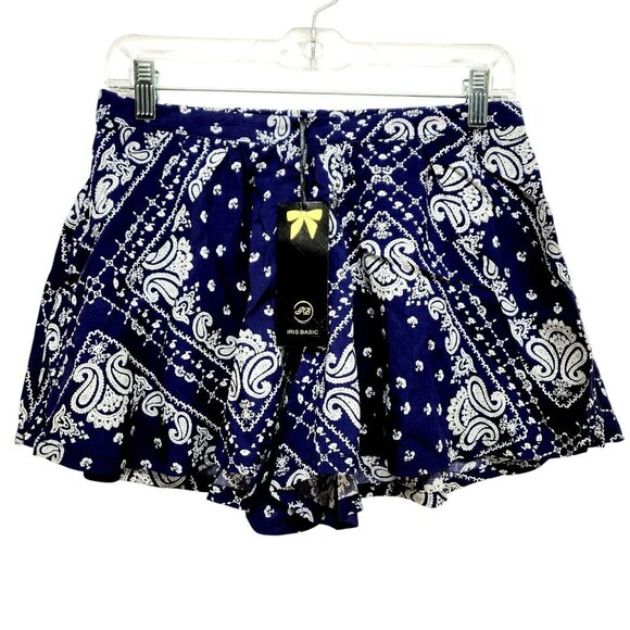 Womens Iris Basic Bandana Print Flowy Shorts With Pockets Size Large Navy & Whit - Picture 1 of 8